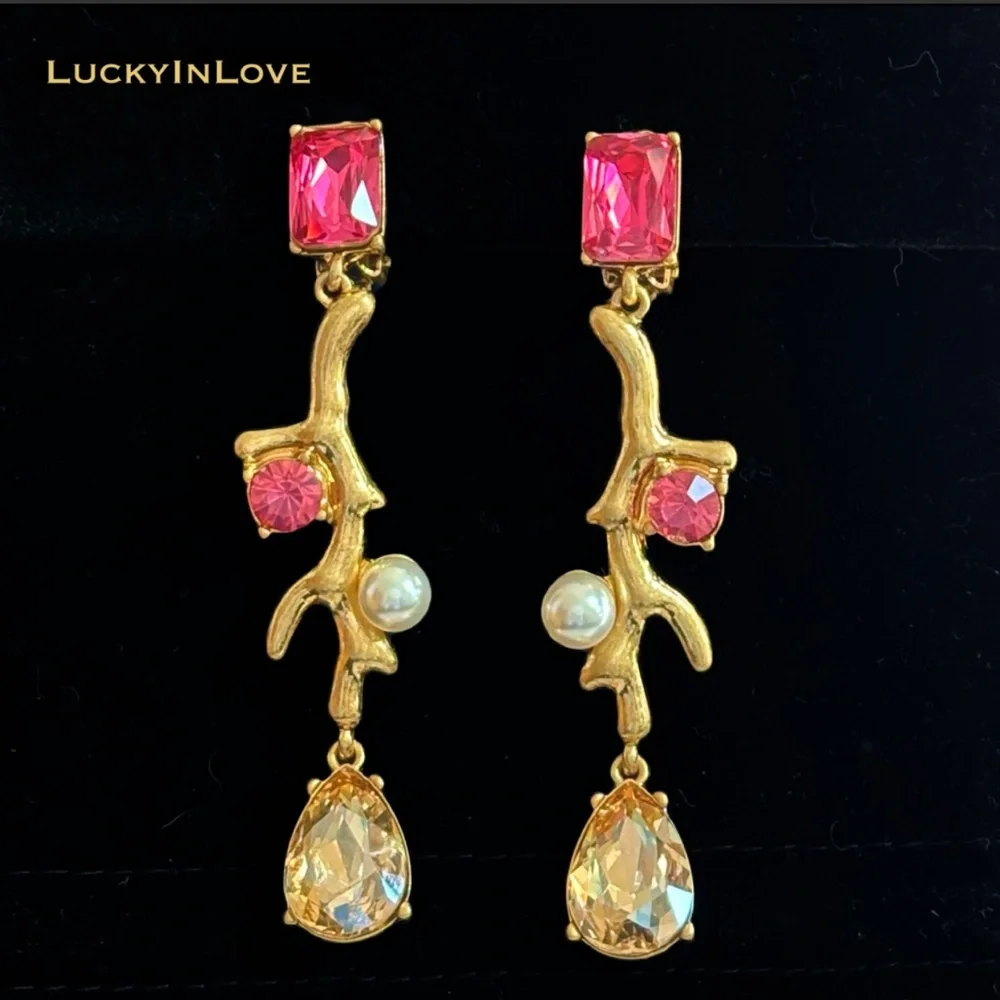 OSCAR de la RENTA Gold Pink Crystal Pearl Flora Branch Drop Earrings Branch